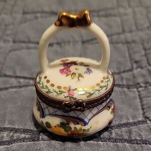 Floral Limoges France Porcelain Trinket Box with Gold Accents